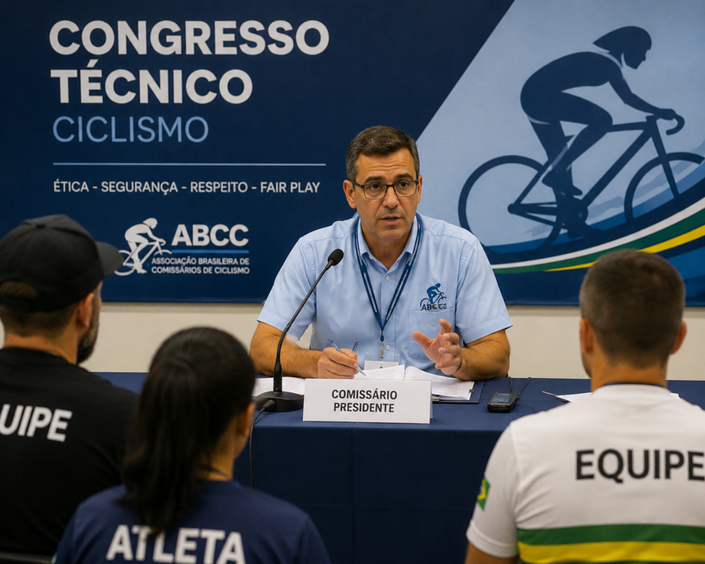 Comissário de ciclismo presidindo congresso técnico antes de competição no Brasil